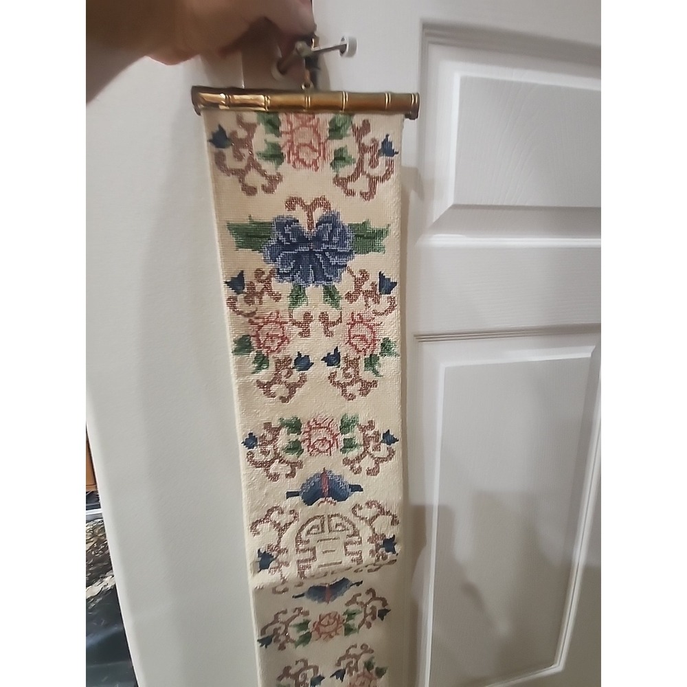 Vintage Wall Hanging Vertical Tapestry Needlepoint Handmade Flowers Asian -Great - Picture 6 of 9